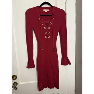 Michael Kors Ribbed Long Sleeve Berry Red Dress